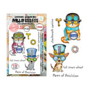 Stamps with steampunk-themed dogs and decorative elements on a white background