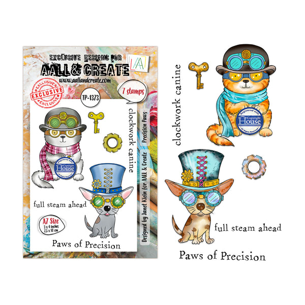Stamps with steampunk-themed dogs and decorative elements on a white background