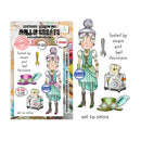 Illustrated character with steampunk elements and packaging for 'All & Create' stamp set.