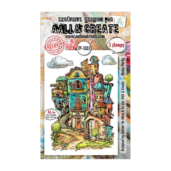 Packaging of All & Create stamps with a colorful house illustration on a white background