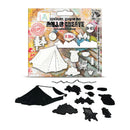 Packaging of die-cutting dies with die-cut pieces displayed below on a white background