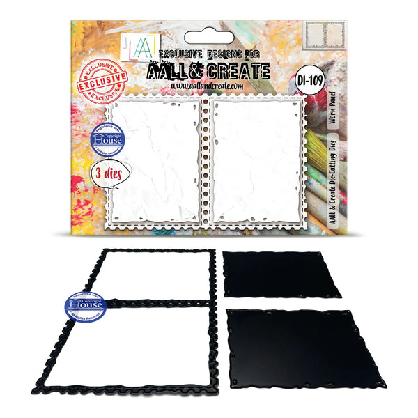Set of die-cutting dies with packaging displaying brand logos on a white background