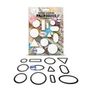Packaging of die-cut shapes with a set of die-cut shapes displayed below on a white background.