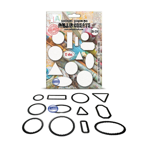 Packaging of die-cut shapes with a set of die-cut shapes displayed below on a white background.