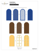 Altenew Arched Doors Layering Die Set with color swatches and layering instructions on a white background
