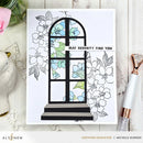 Card with floral window design and 'May serenity find you' text, surrounded by decorative items.