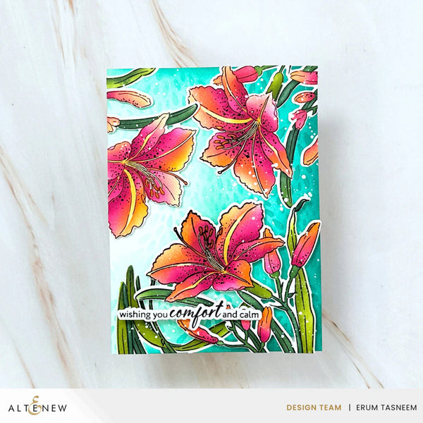 Card with colorful floral design and text 'wishing you comfort and calm' on a white background