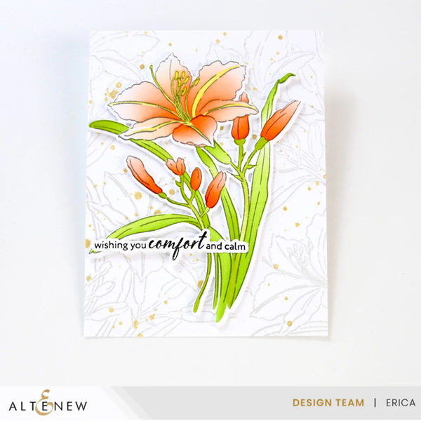 Floral card with lilies and text 'wishing you comfort and calm' on a white background, featuring the brand 'Altenew'.