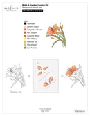 Leaning Lily stamp and stencil set layering guide with color swatches and floral illustrations.
