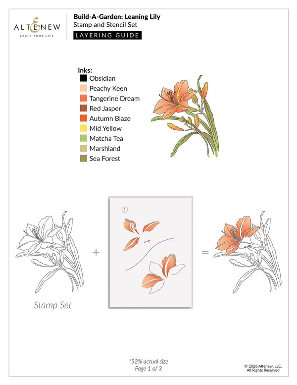 Leaning Lily stamp and stencil set layering guide with color swatches and floral illustrations.