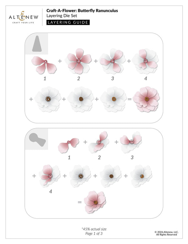 Butterfly Ranunculus die set layering guide for Craft-A-Flower by Altenew on a white background.
