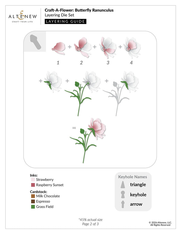 Altenew Craft-A-Flower Butterfly Ranunculus die set layering guide with flower illustrations and ink color options.