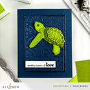 Card with a green turtle design and 'sending oceans of love' text on a blue background, featuring Altenew branding.