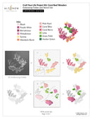 Layering guide for a coral reef-themed craft project kit with embossing folder and stencil set.