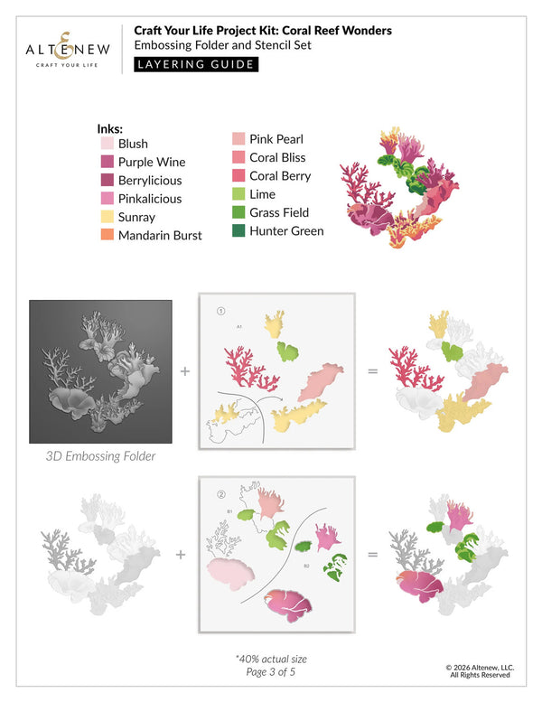 Layering guide for a coral reef-themed craft project kit with embossing folder and stencil set.