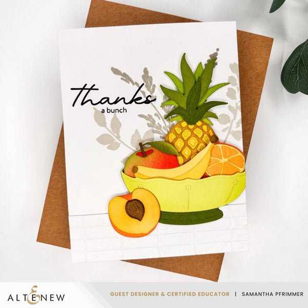 Card with fruit illustration and 'Thanks a bunch' text, featuring the brand 'Altenew'.