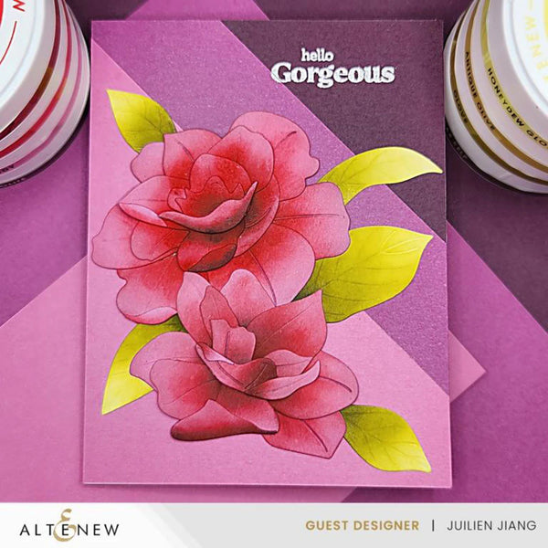 Card with pink flowers and 'hello Gorgeous' text on a purple background, featuring Altenew branding.