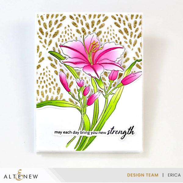 Card with pink lilies and motivational text on a white background