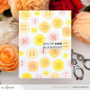 Card with button pattern and text 'you're cute as a button!' surrounded by flowers and a pair of scissors.