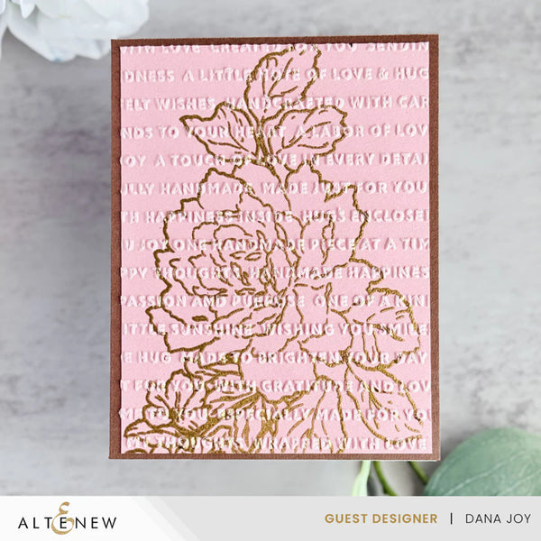 Decorative card with floral design and text on a pink background, featuring the brand 'Altenew'.