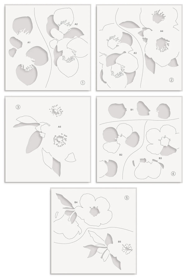 Set of floral and leaf stencils on a white background