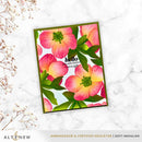 Floral card with pink flowers and green leaves on a white marble background, featuring the brand 'Altenew'.