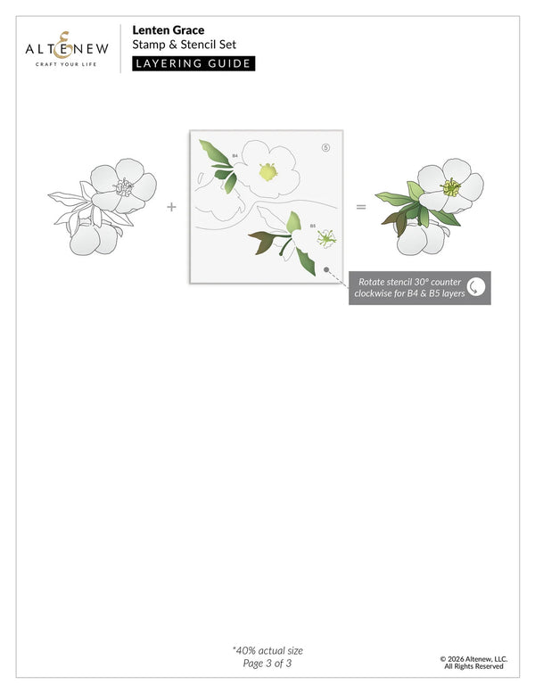 Altenew Lenten Grace stamp and stencil set layering guide on a white background