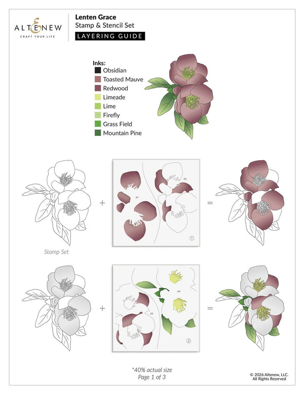 Layering guide for a floral stamp set by Altenew with color swatches and layout examples.