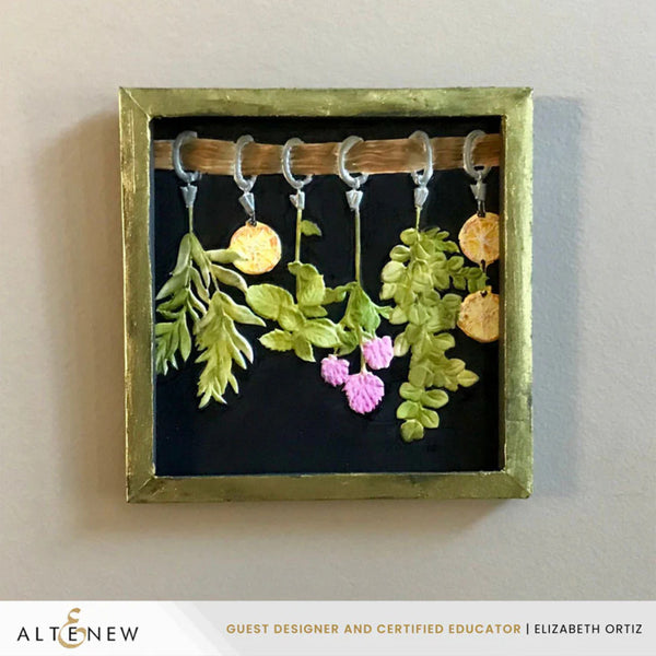 Decorative wall art with hanging plants and hooks on a black background, featuring the brand 'Alte & New'.