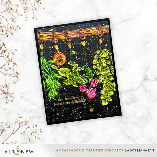 Decorative card with floral and botanical elements on a textured white surface, featuring the brand 'Altenew'.