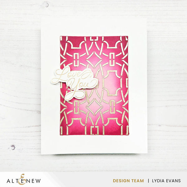 Pink card with geometric pattern and white floral design on a white background, featuring Altenew branding.