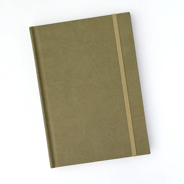 Green notebook with a brown strap on a white background