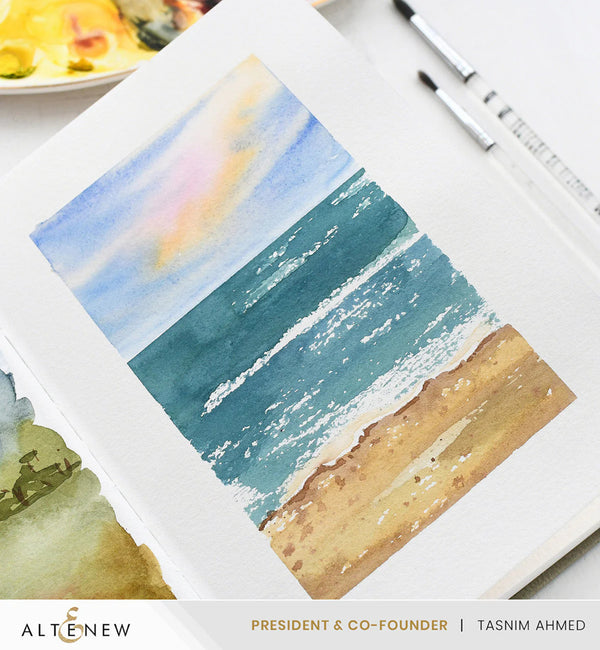 Watercolor painting of a beach scene on a white surface with 'Alte & New' branding.