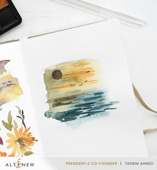 Watercolor painting of a landscape with a sunset and flowers, featuring the brand 'Alte & New'.