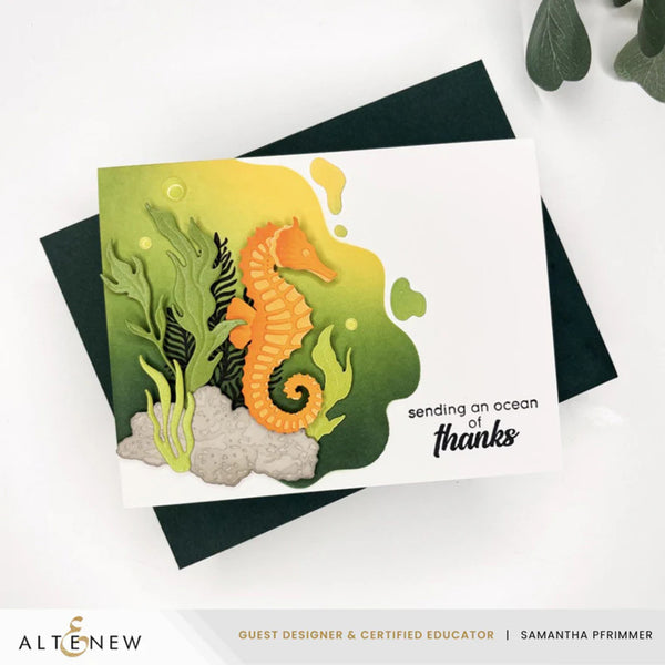 Card with a seahorse design and 'sending an ocean of thanks' text, featuring the Altenew brand.