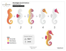 Layering die set for creating seahorse designs with color options and ink names.