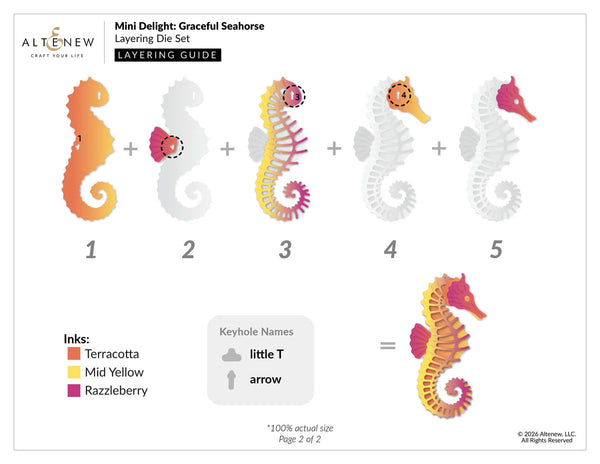 Layering die set for creating seahorse designs with color options and ink names.
