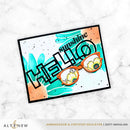 Colorful card with 'sunshine hello' text and sunglasses design on a white marble background, featuring the Altenew brand.