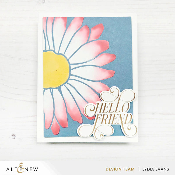 Card with a pink flower and 'Hello Friend' text on a blue background, featuring the Altenew brand.