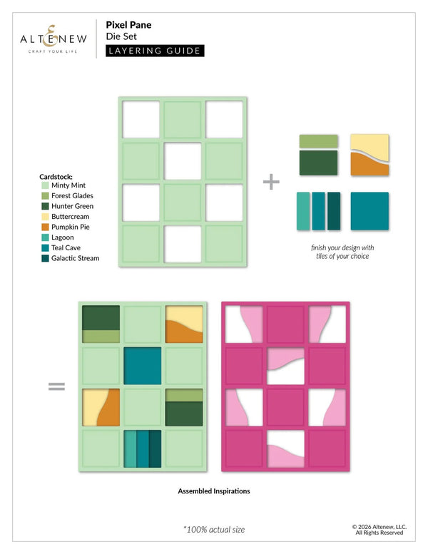 Layering guide for Pixel Pane Die Set with color swatches and assembled designs.