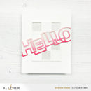 Pink 'HELLO' cutout on a white card with 'Altenew' branding.