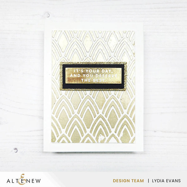 Decorative card with gold pattern and text on a white background, featuring the brand 'Altenew'.