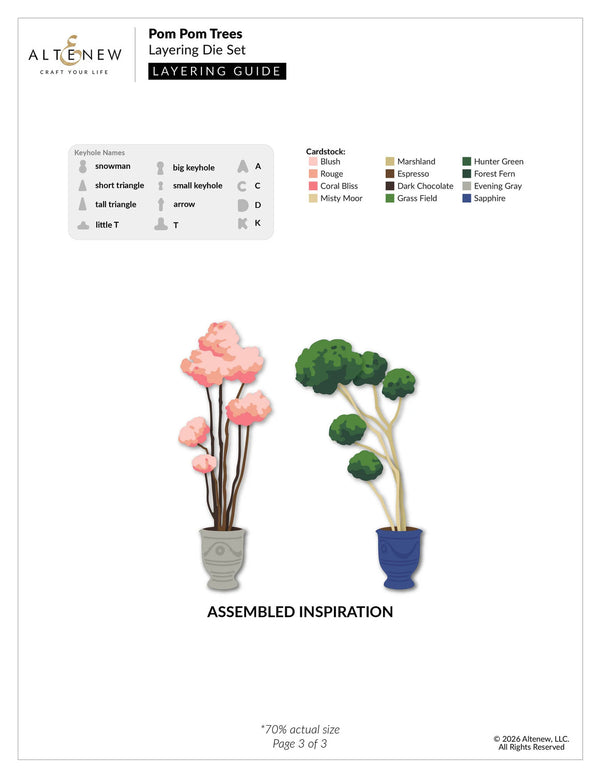 Pom pom trees with assembly guide and color chart on a white background