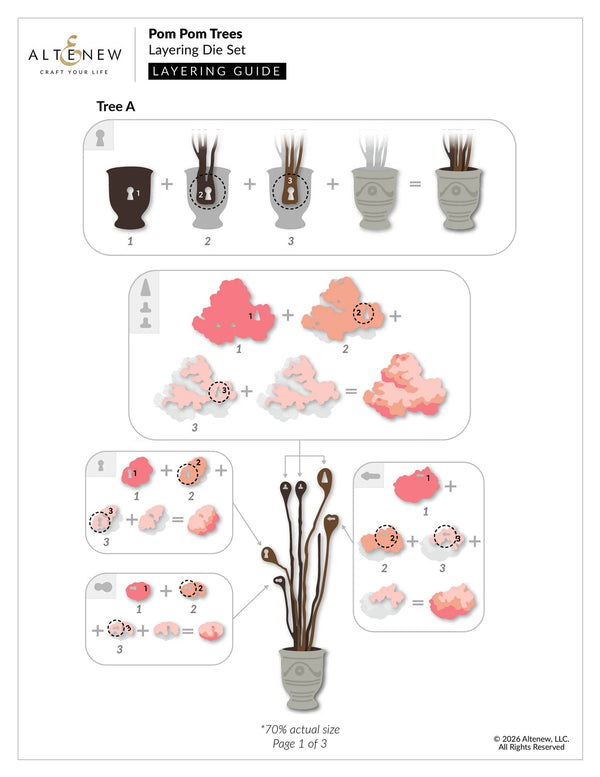 Layering die set for pom pom trees with step-by-step instructions on how to assemble them.