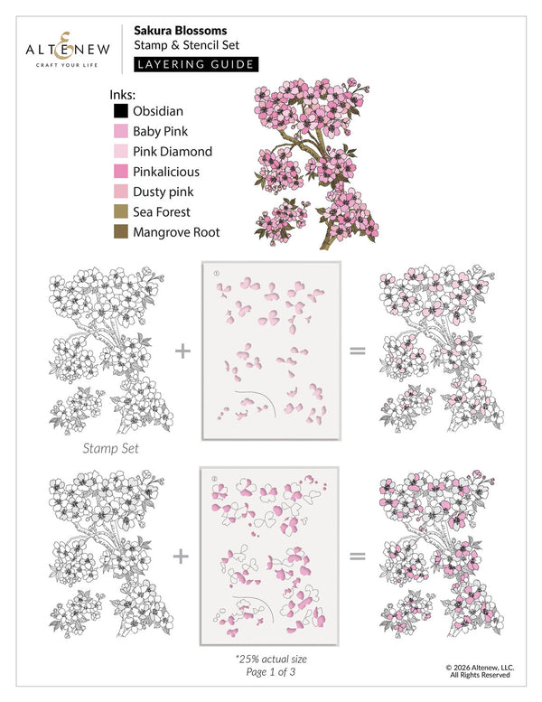 Sakura Blossoms stamp and stencil set with ink color guide and layering examples.