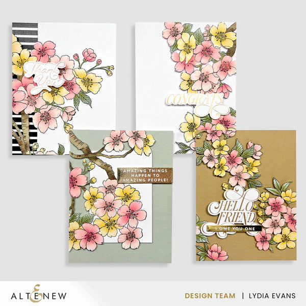 Four floral-themed greeting cards with decorative text on a light gray background, featuring the brand 'Altenew'.