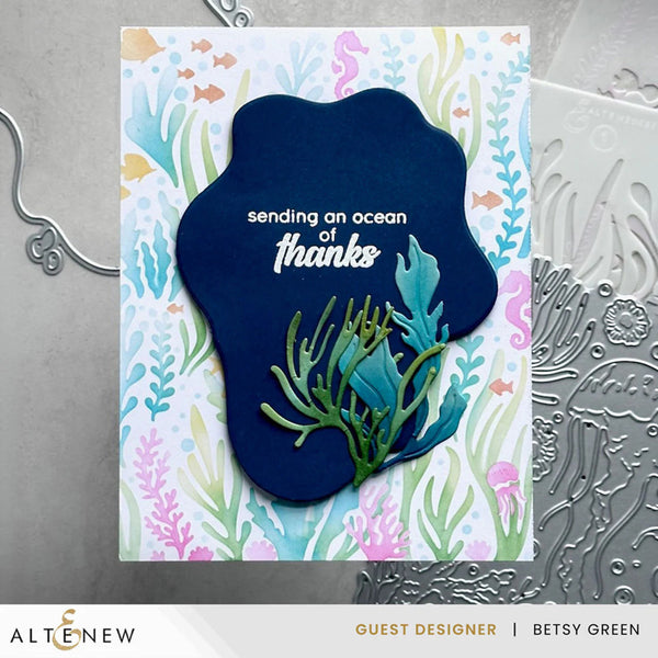 Card with ocean-themed design and 'sending an ocean of thanks' text, featuring Altenew branding.
