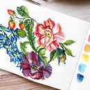 Colorful floral illustration on a white paper with a color swatch.