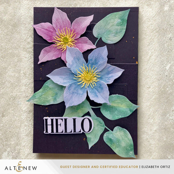 Card with colorful flowers and the word 'HELLO' on a textured background, featuring the brand 'Altenew'.