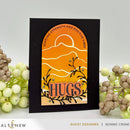 Card with 'HUGS' and 'Sending Strength and Positive Vibes' text on an orange background, surrounded by decorative elements.